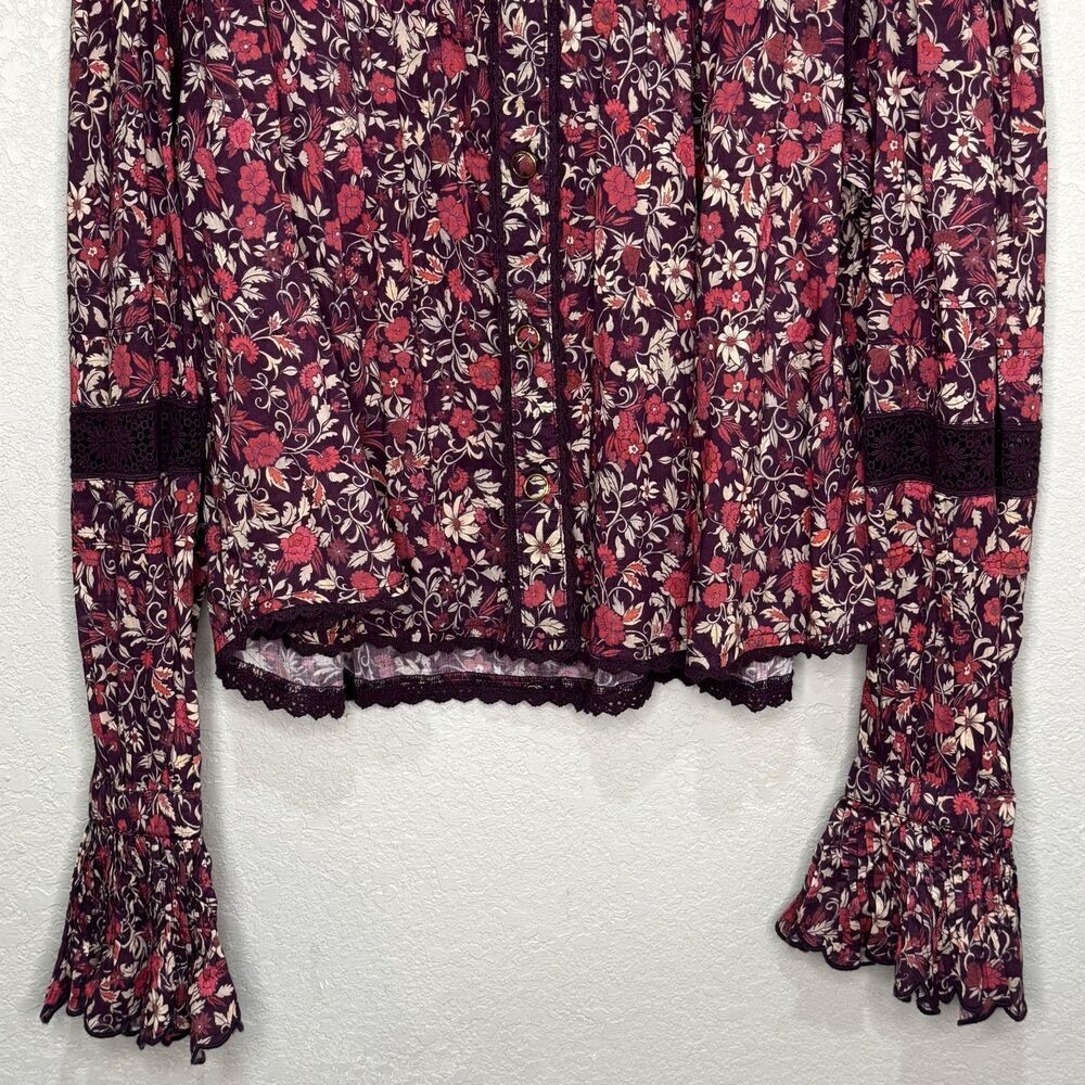 Farm Rio Chelsea Garden Blouse Large Purple Floral Ruffle Boho - Picture 5 of 10